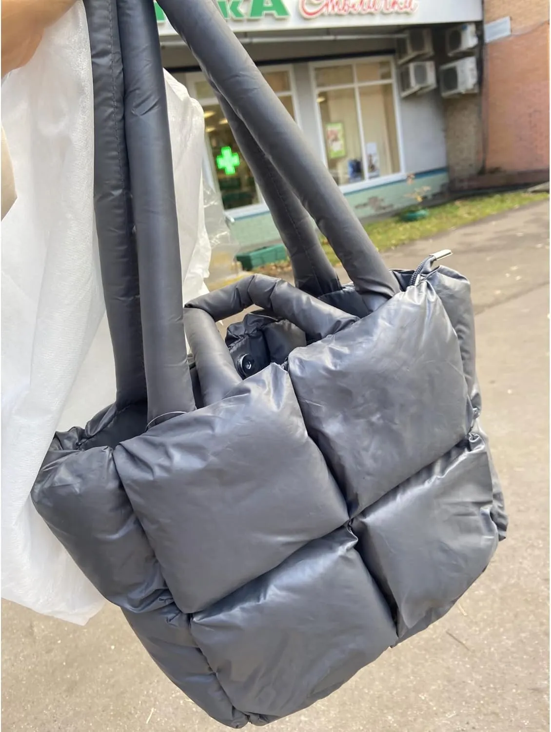 Large Lightweight Quilted Tote Bag for Women, Luxury Soft Padded Handbags, Winter Nylon Down Cotton Padding Shoulder Bags