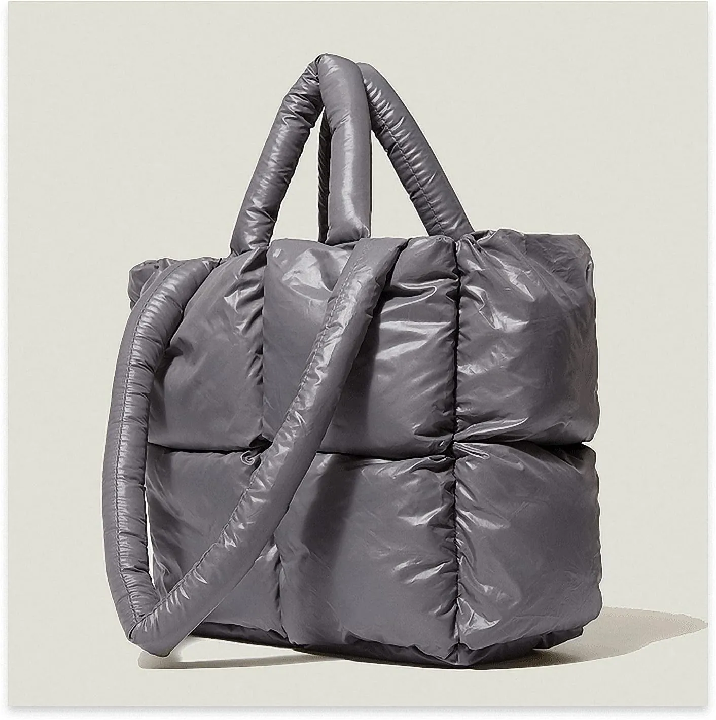Large Lightweight Quilted Tote Bag for Women, Luxury Soft Padded Handbags, Winter Nylon Down Cotton Padding Shoulder Bags