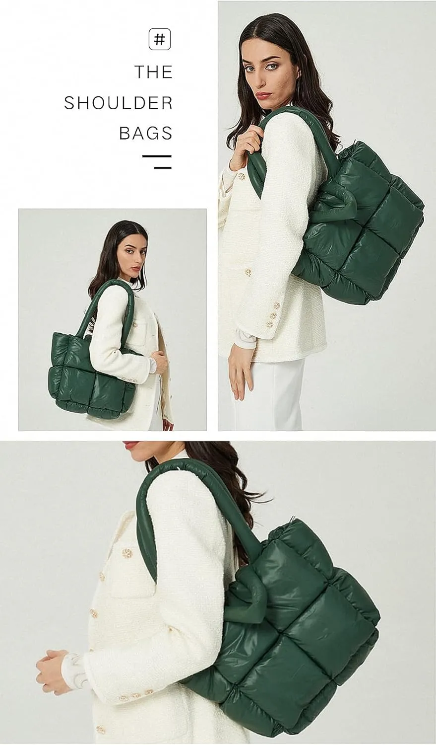 Large Lightweight Quilted Tote Bag for Women, Luxury Soft Padded Handbags, Winter Nylon Down Cotton Padding Shoulder Bags