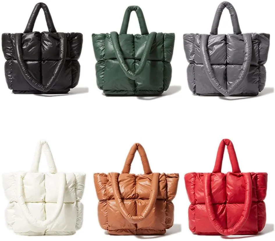 Large Lightweight Quilted Tote Bag for Women, Luxury Soft Padded Handbags, Winter Nylon Down Cotton Padding Shoulder Bags