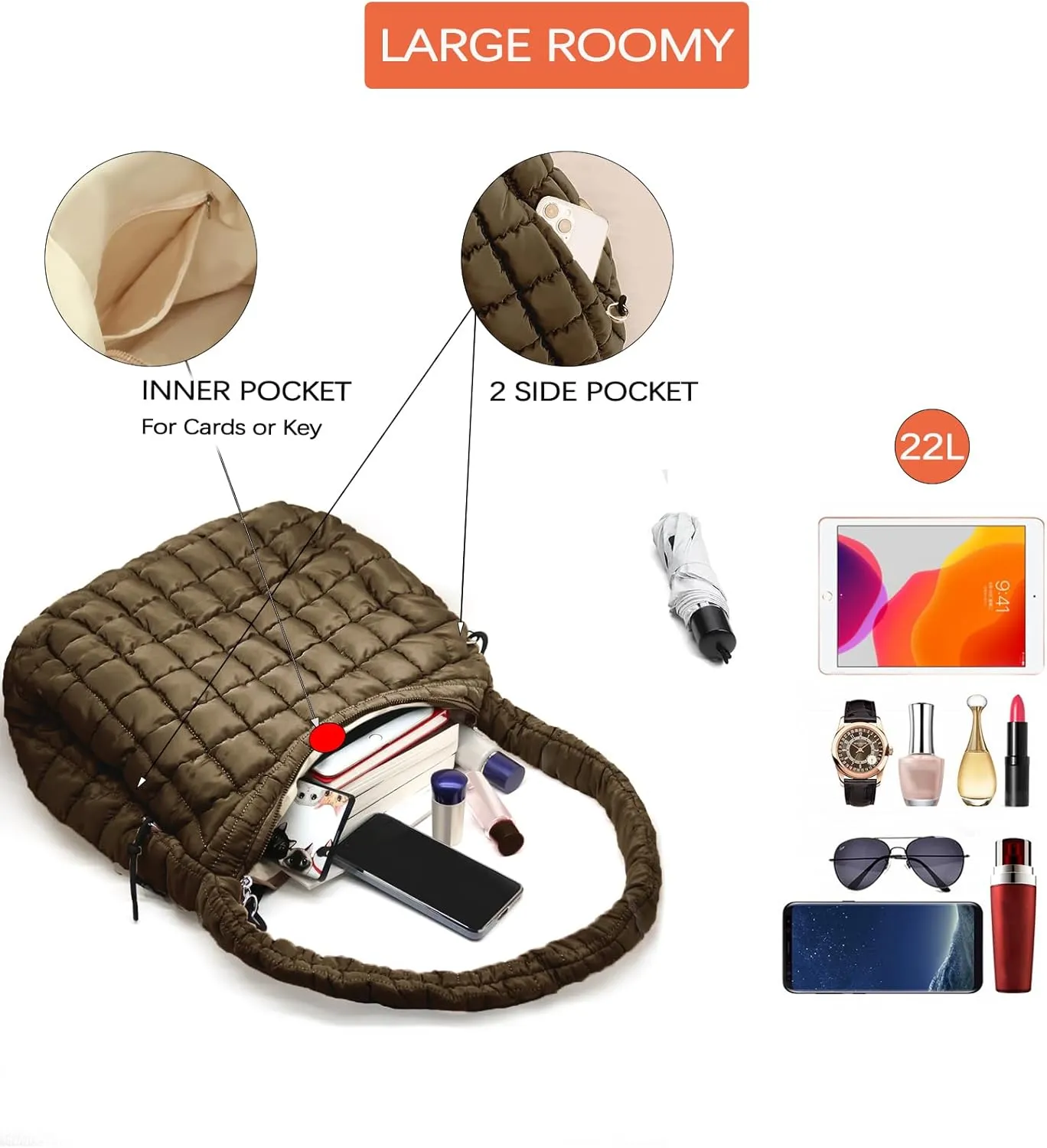 Large Puffer Tote Bag Quilted Crossbody Bags for Women Quilted Carryall GYM Tote Soft Puffy Shoulder Bags for Travel