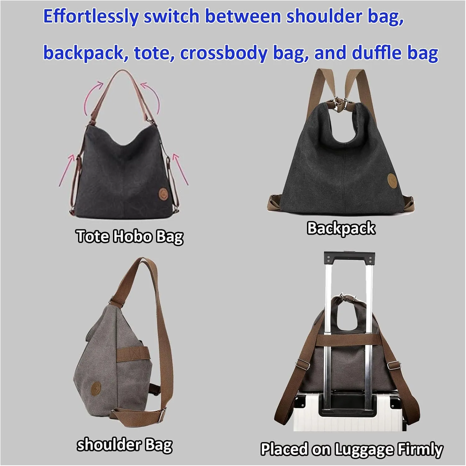 Large Purse Crossbody Shoulder Hobo Bag Convertible Canvas Tote Bag Backpack for Women with Zipper Pocket