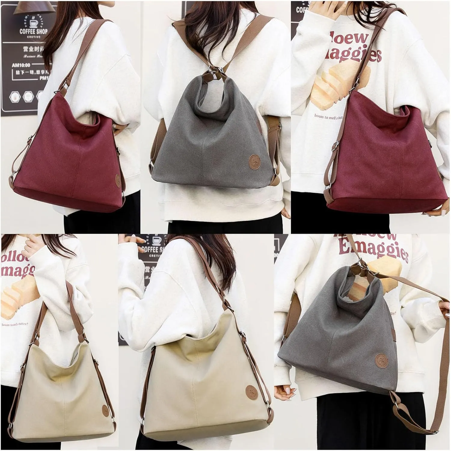 Large Purse Crossbody Shoulder Hobo Bag Convertible Canvas Tote Bag Backpack for Women with Zipper Pocket