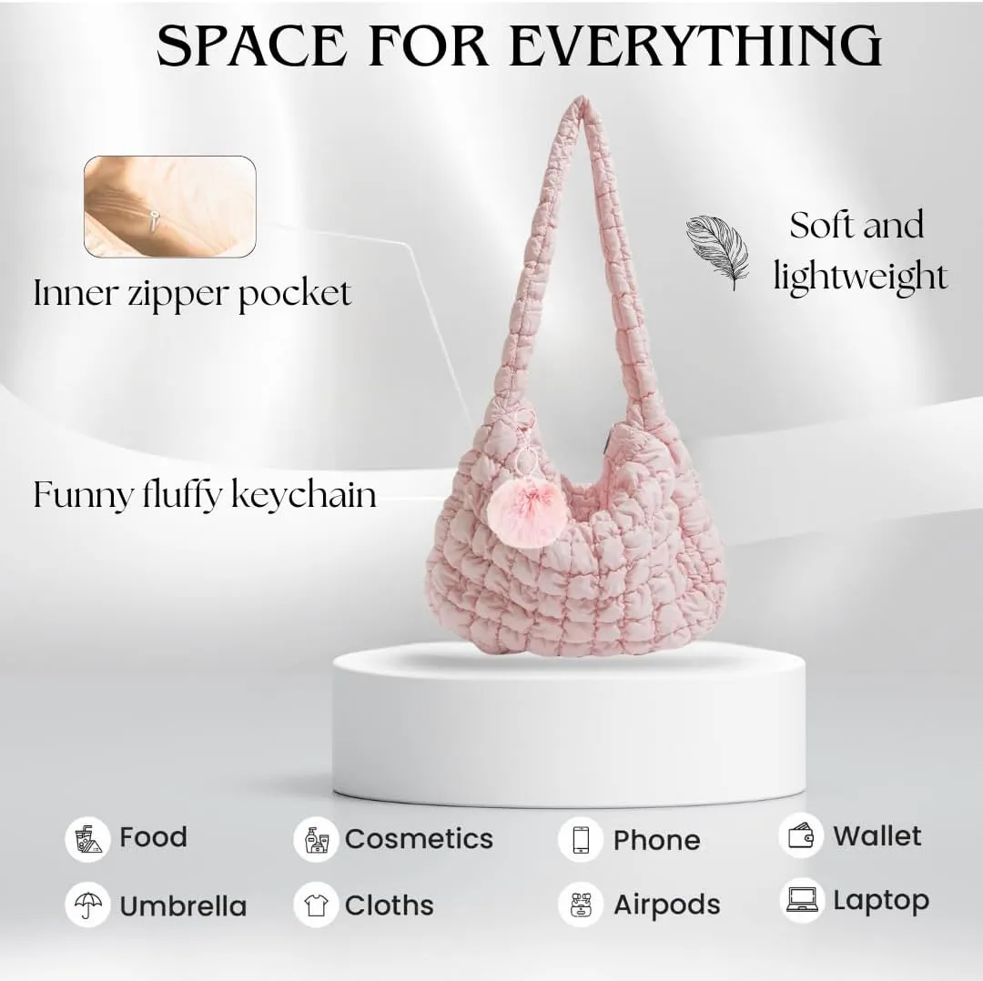 Large Quilted Tote Bag with Fluffy Keychain – Lightweight Puffer Shoulder Bag, Stylish Hobo Carryall for Women