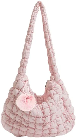 Large Quilted Tote Bag with Fluffy Keychain – Lightweight Puffer Shoulder Bag, Stylish Hobo Carryall for Women