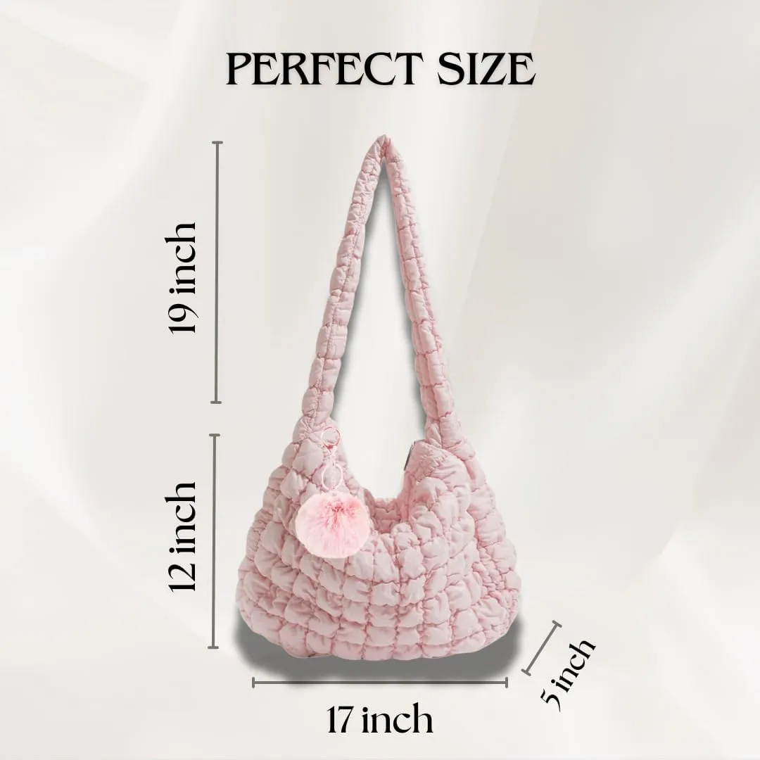Large Quilted Tote Bag with Fluffy Keychain – Lightweight Puffer Shoulder Bag, Stylish Hobo Carryall for Women