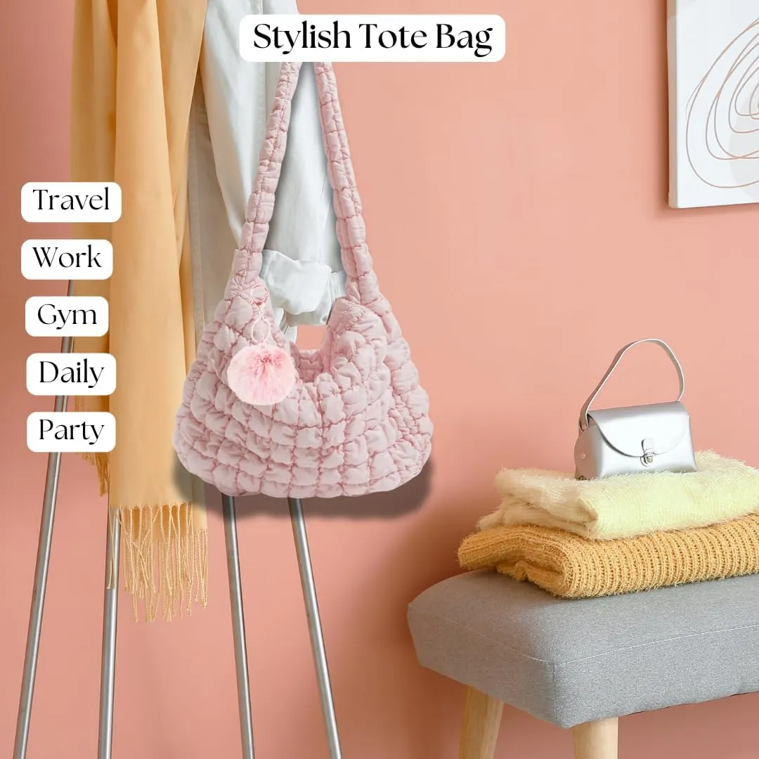 Large Quilted Tote Bag with Fluffy Keychain – Lightweight Puffer Shoulder Bag, Stylish Hobo Carryall for Women