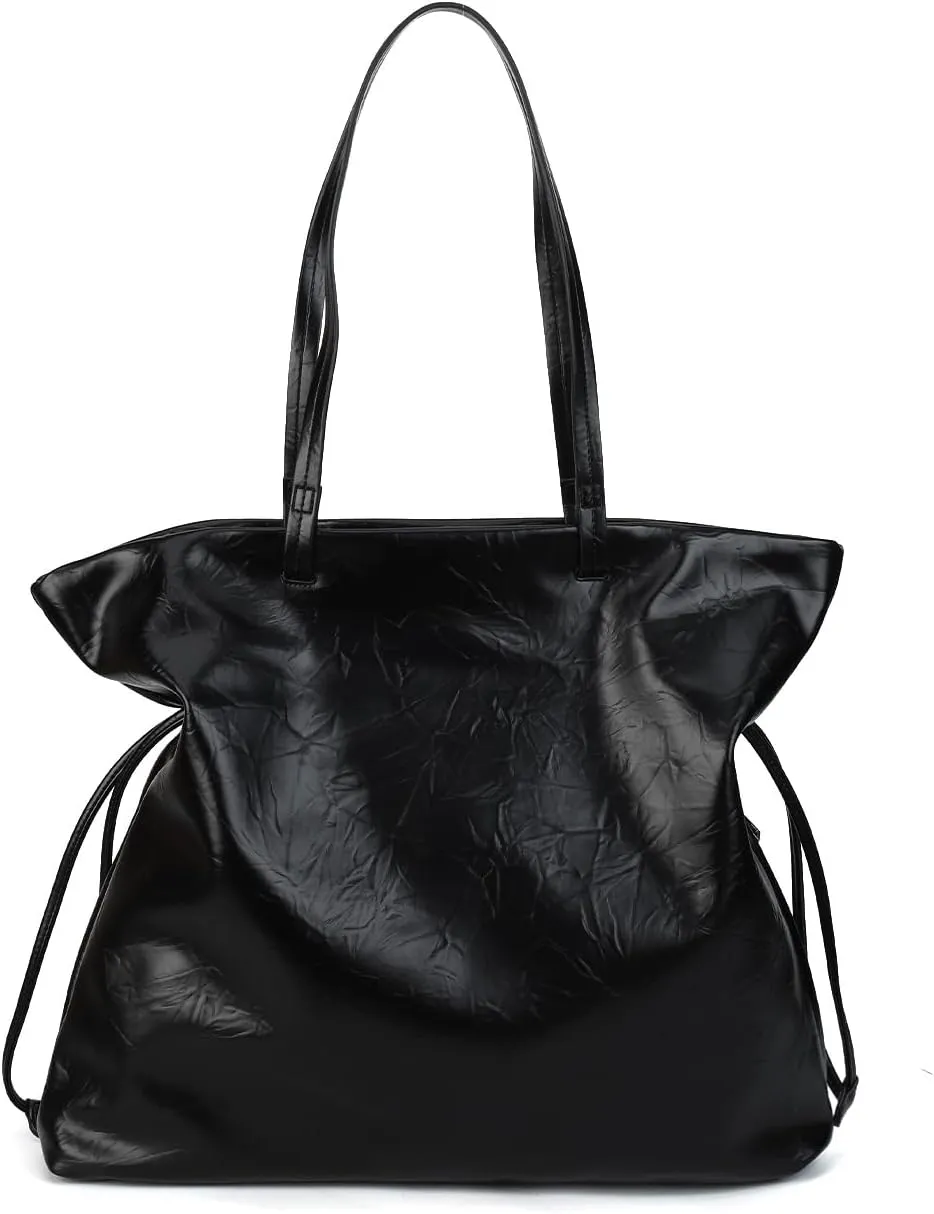 Large Tote Shoulder Bag Black Faux Leather Side Pocket