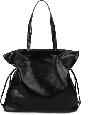 Large Tote Shoulder Bag Black Faux Leather Side Pocket