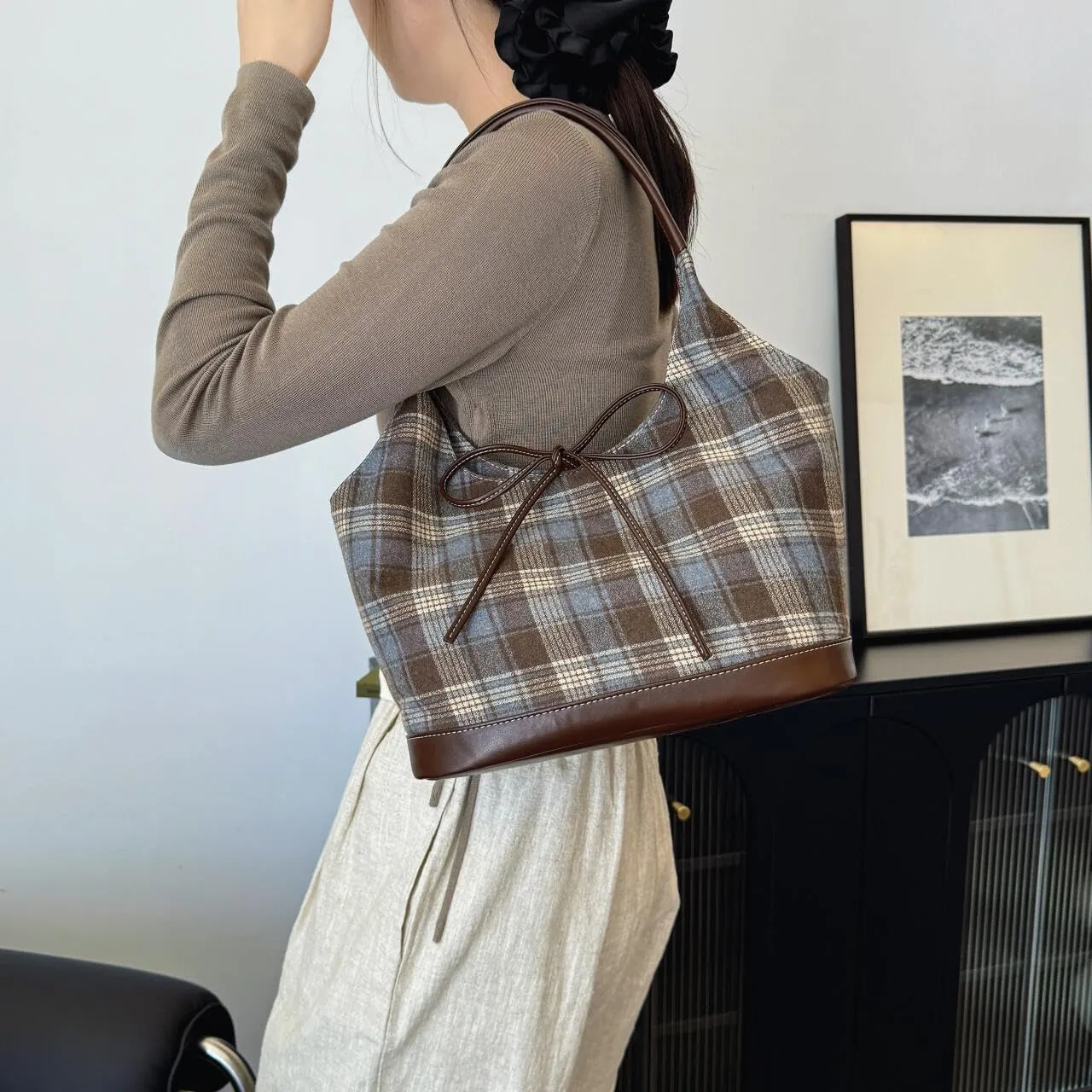 Large Woolen Plaid Shoulder Bag Women Tote Handbags Stylish Bow Top Handle Purse