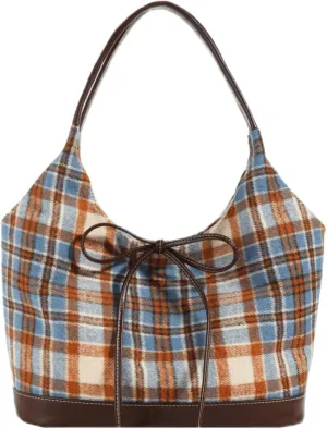 Large Woolen Plaid Shoulder Bag Women Tote Handbags Stylish Bow Top Handle Purse