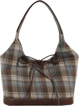 Large Woolen Plaid Shoulder Bag Women Tote Handbags Stylish Bow Top Handle Purse