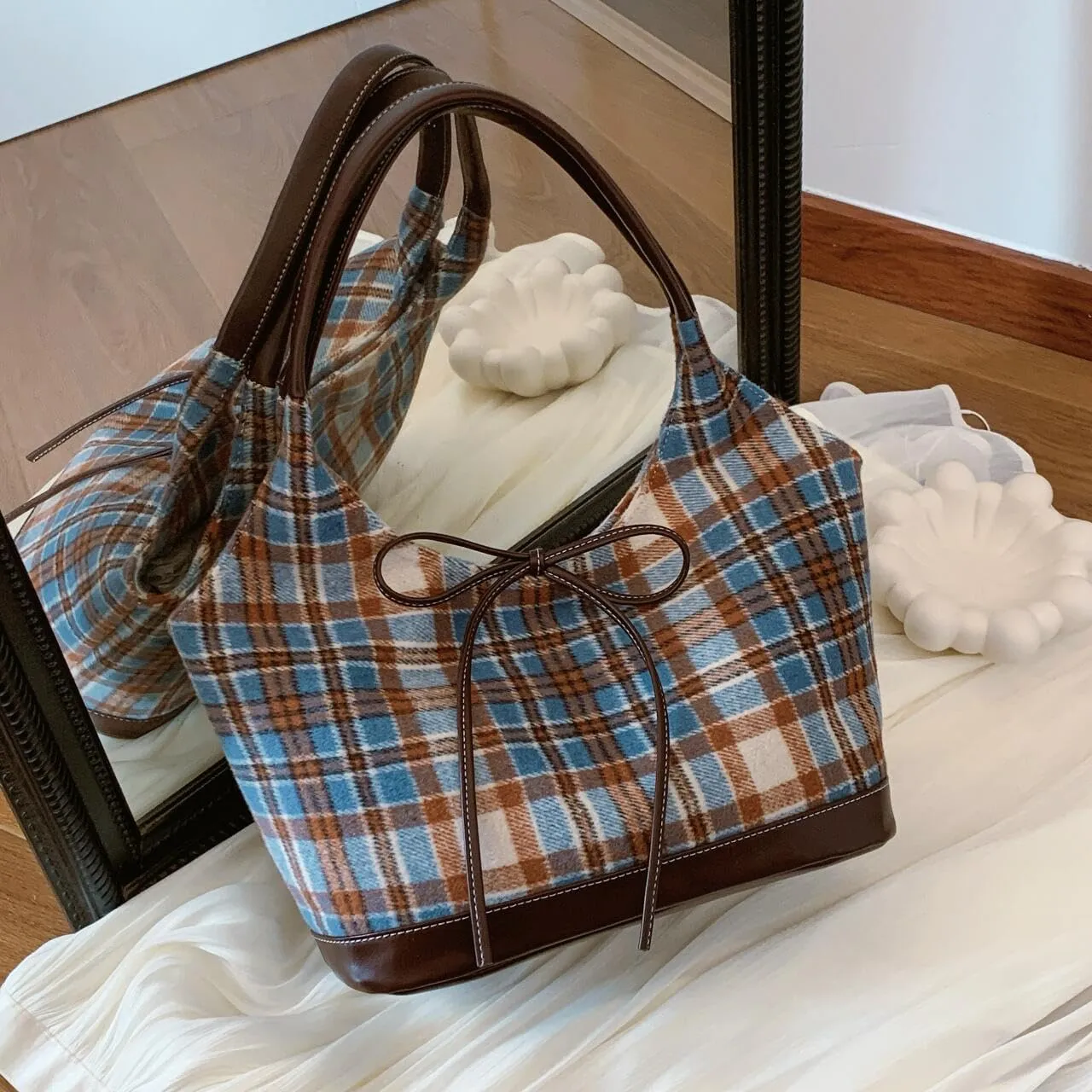 Large Woolen Plaid Shoulder Bag Women Tote Handbags Stylish Bow Top Handle Purse