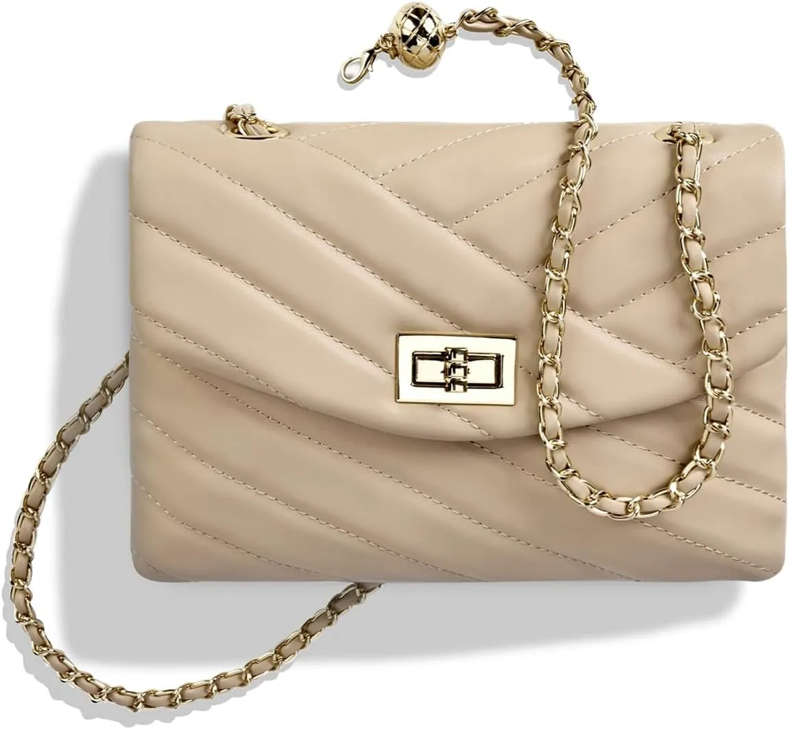 LAVTUG Quilted Crossbody Bags for Women - Vegan Leather Cute Small Purse with Gold Chain Strap, Trendy Designer Bag for Teens