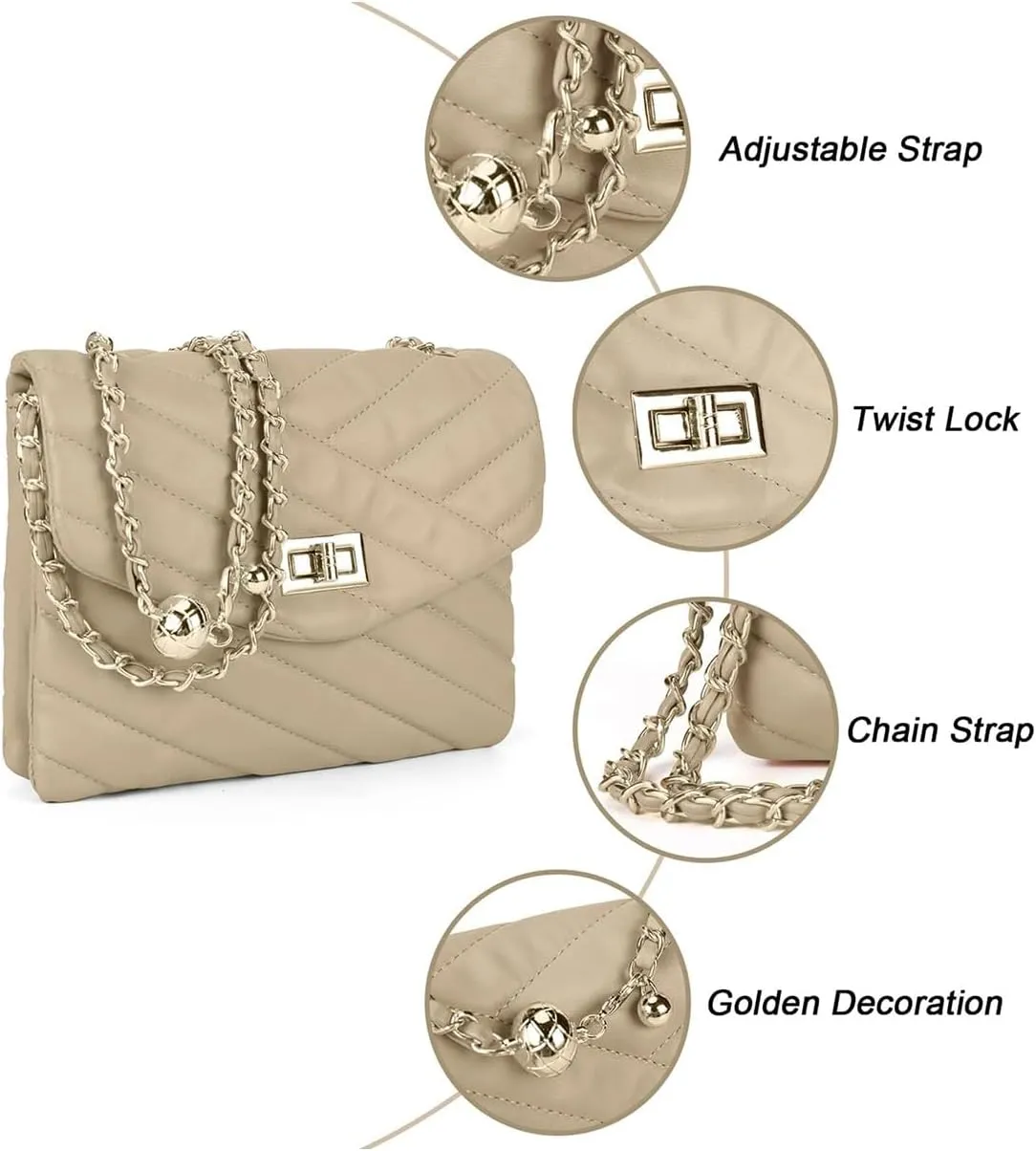 LAVTUG Quilted Crossbody Bags for Women - Vegan Leather Cute Small Purse with Gold Chain Strap, Trendy Designer Bag for Teens