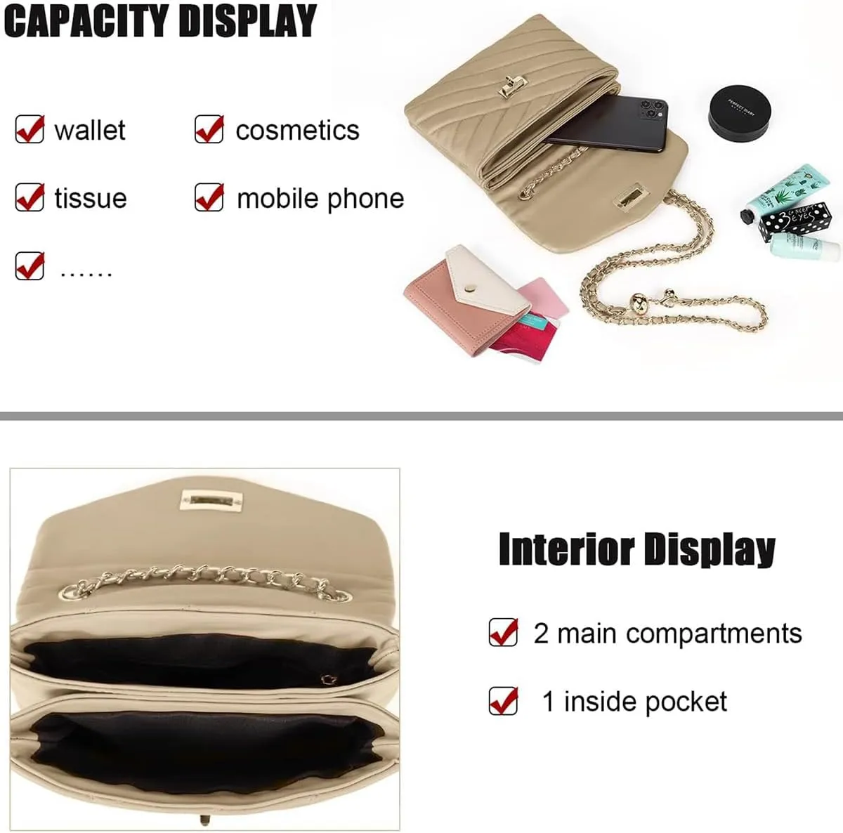 LAVTUG Quilted Crossbody Bags for Women - Vegan Leather Cute Small Purse with Gold Chain Strap, Trendy Designer Bag for Teens