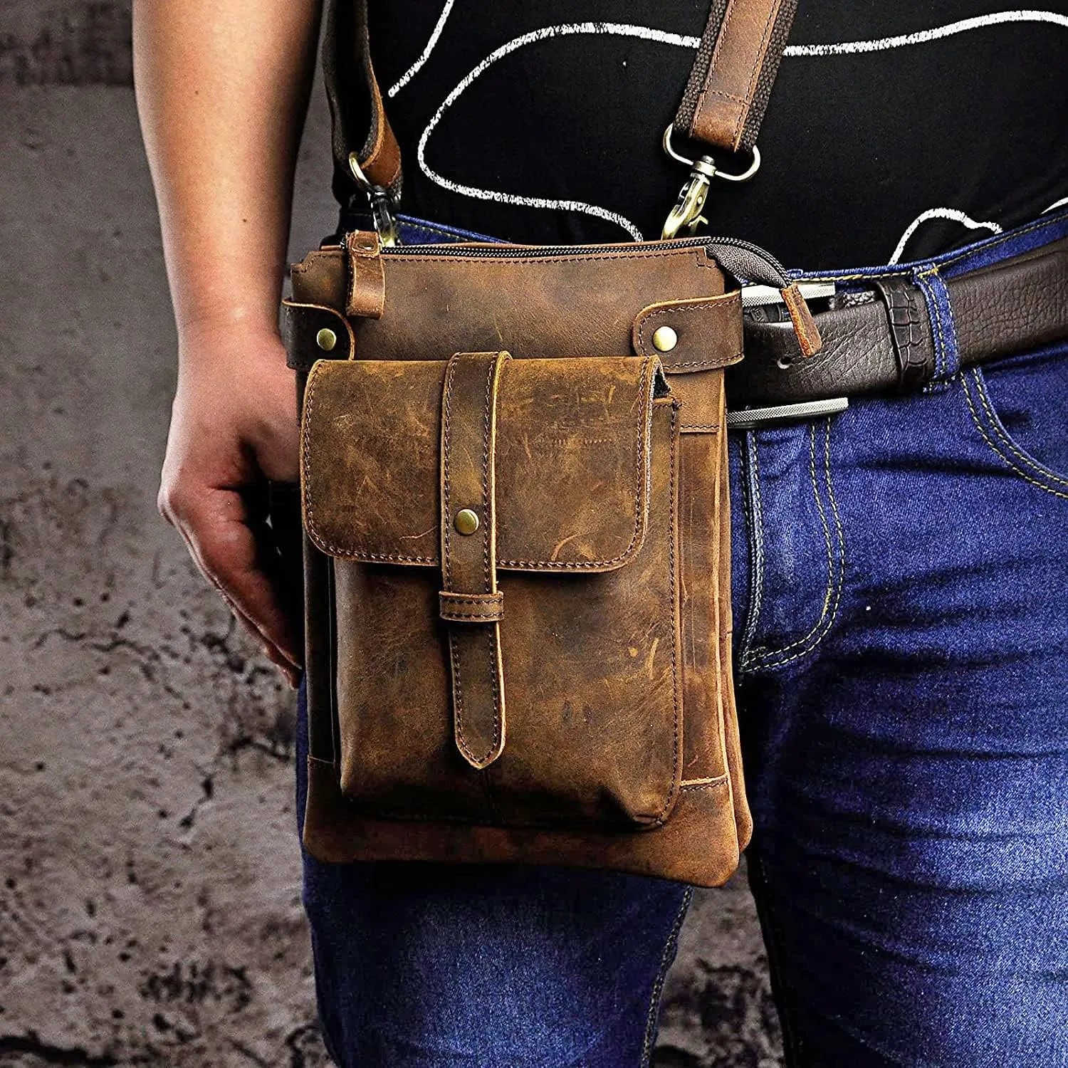 Le'aokuu Mens Genuine Leather Fanny Small Messenger Shoulder Satchel Waist Bag Pack 8711