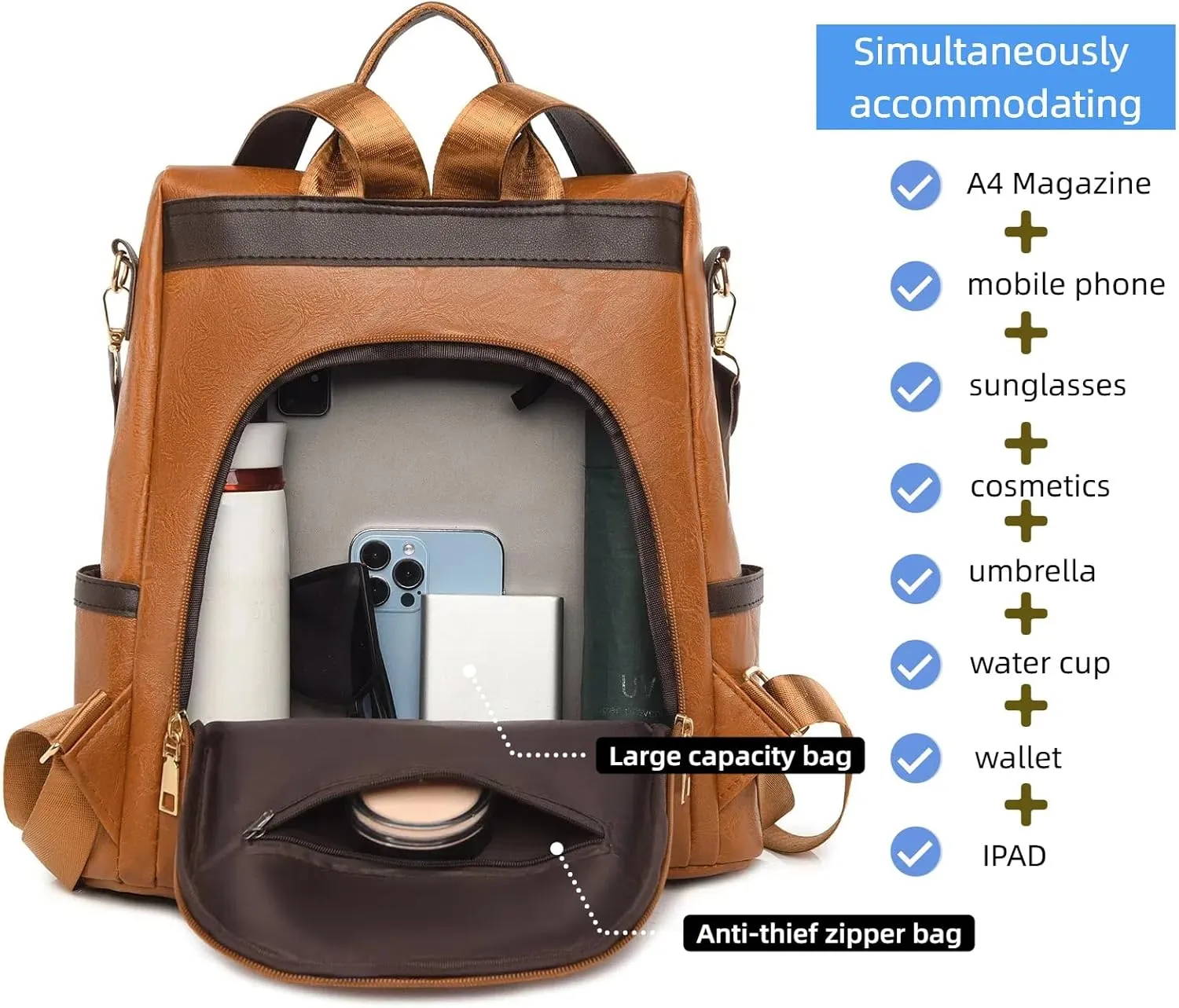 Leather Backpack Purse for Women Multipurpose Design Ladies Shoulder Bags Convertible Satchel Handbags Travel Bag (brown)