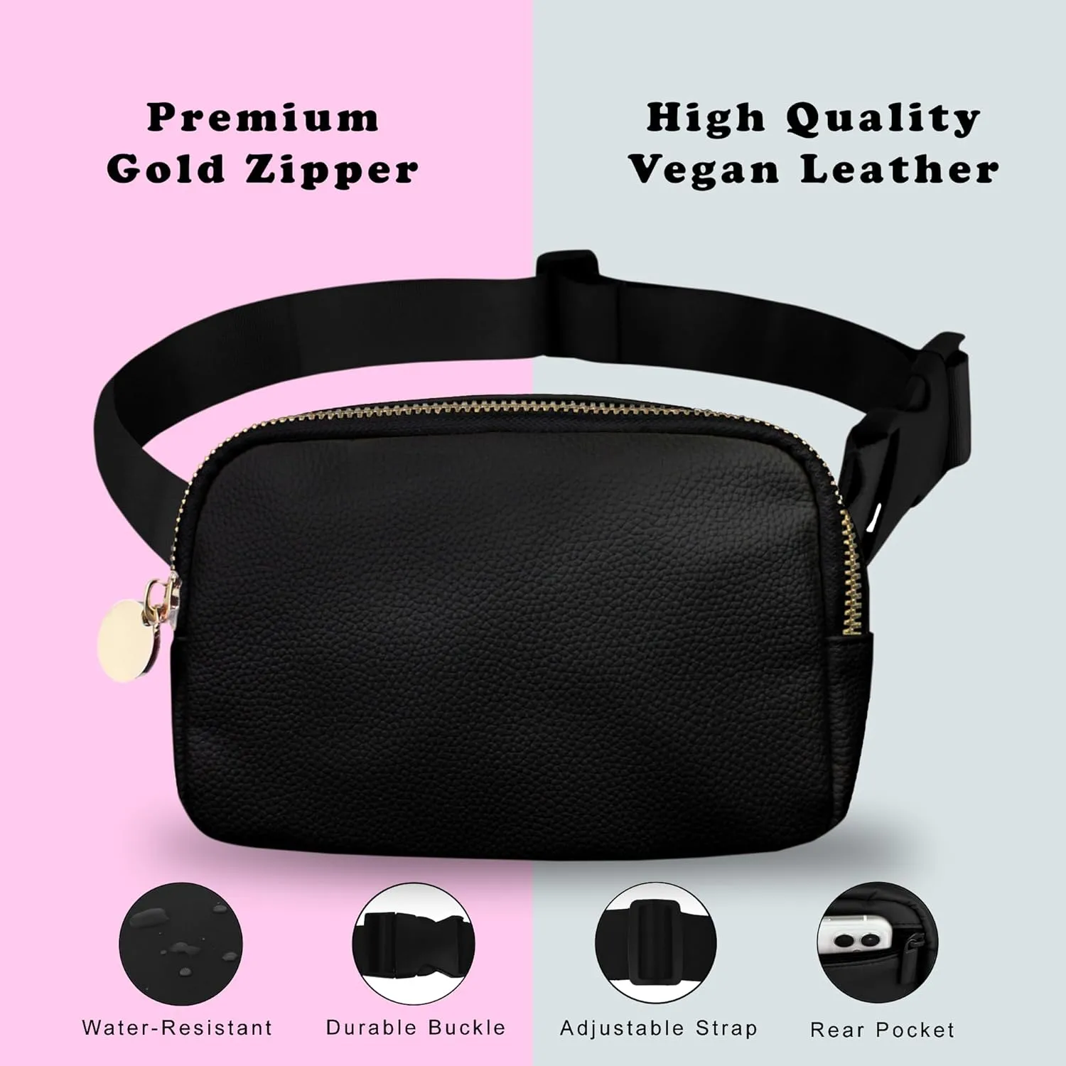 Leather Belt Bag for Women – Black Leather Fanny Pack Crossbody, Everyday Belt Bag, Waist Pack, Women’s Fanny Pack, Crossbody Fanny Packs for Women, Large Black Bag