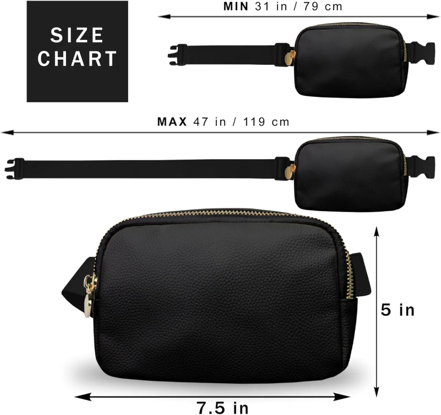 Leather Belt Bag for Women – Black Leather Fanny Pack Crossbody, Everyday Belt Bag, Waist Pack, Women’s Fanny Pack, Crossbody Fanny Packs for Women, Large Black Bag