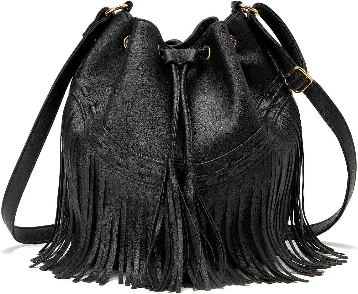 Leather Bucket Bags for Women Crossbody Fringe Purses with Drawstring Ladies Tassel Hobo and Shoulder Handbags
