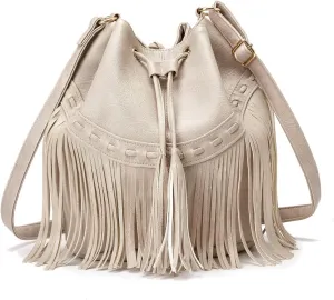 Leather Bucket Bags for Women Crossbody Fringe Purses with Drawstring Ladies Tassel Hobo and Shoulder Handbags