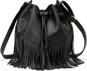 Leather Bucket Bags for Women Crossbody Fringe Purses with Drawstring Ladies Tassel Hobo and Shoulder Handbags