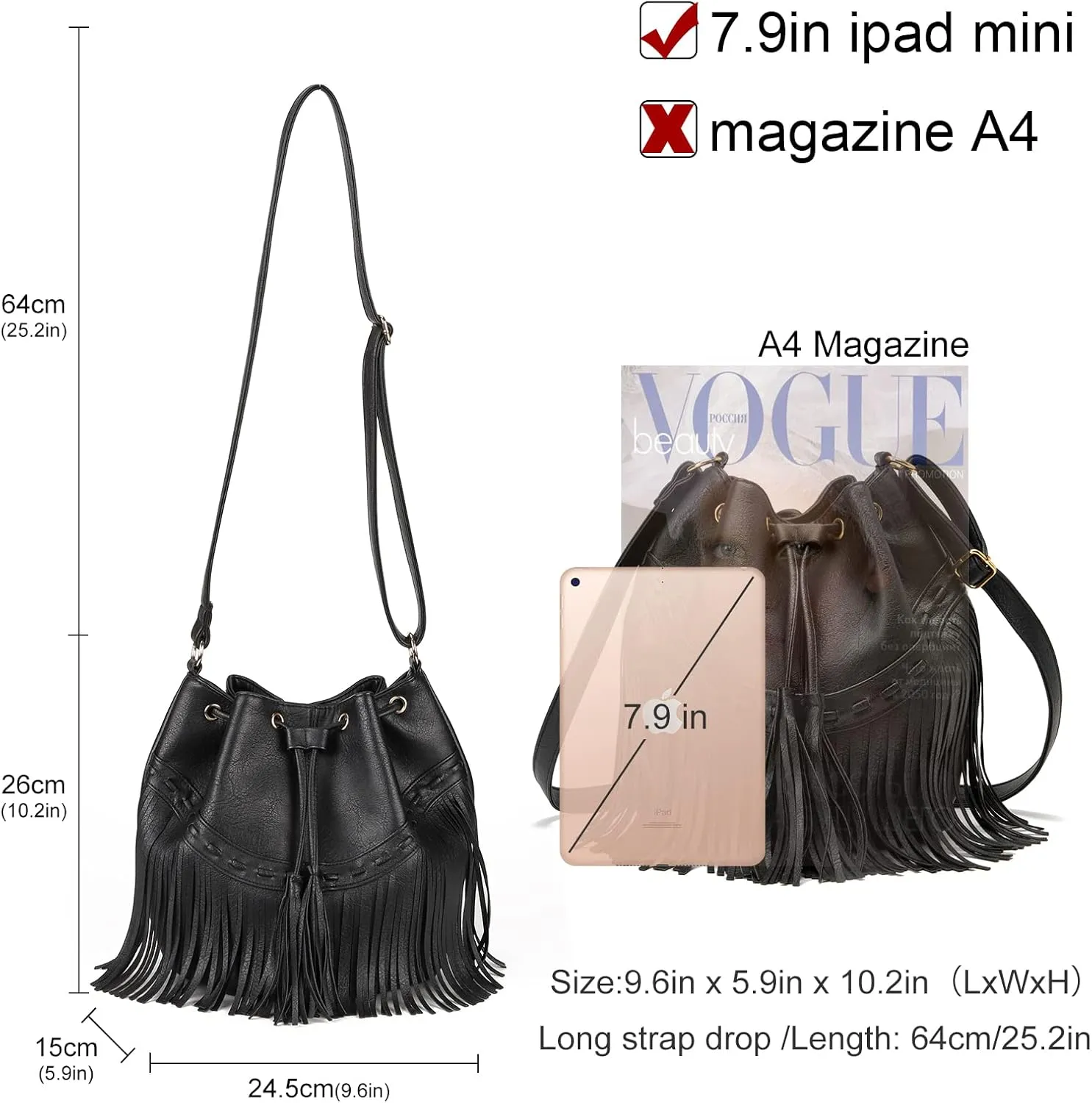 Leather Bucket Bags for Women Crossbody Fringe Purses with Drawstring Ladies Tassel Hobo and Shoulder Handbags