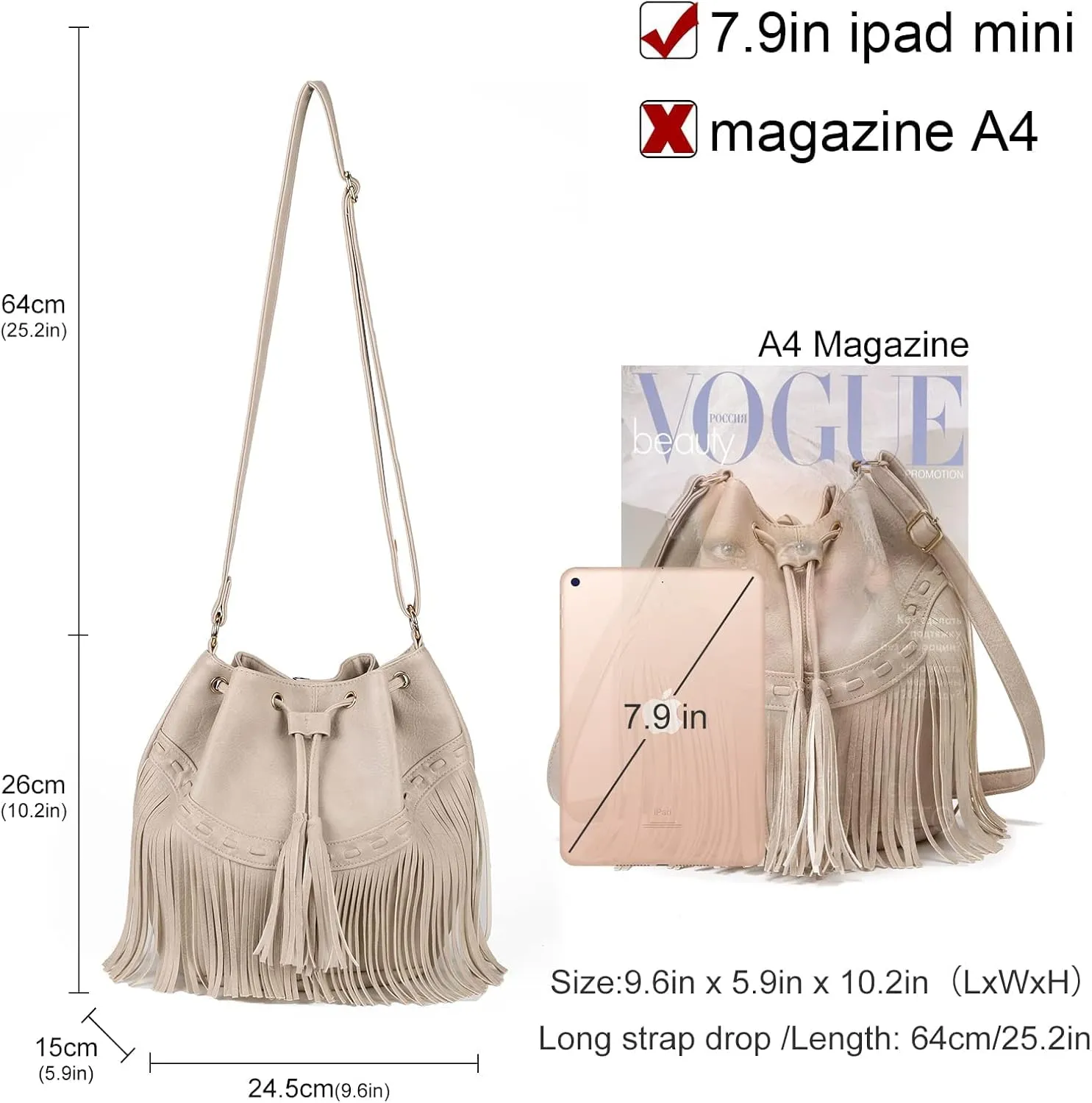 Leather Bucket Bags for Women Crossbody Fringe Purses with Drawstring Ladies Tassel Hobo and Shoulder Handbags
