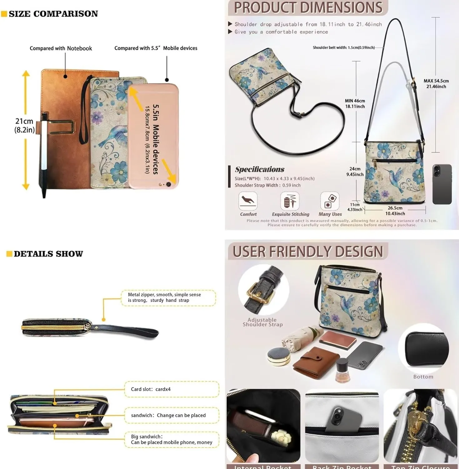 Leather Crossbody Purse Set Portable Hobo Bag Satchel Handbag with PU Leather Wallet