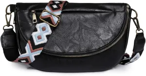 Leather Fanny Pack Crossbody Sling Bags for Women Vintage Shoulder Chest Bag with Guitar Strap Designer Waist Belt Bag (Black)
