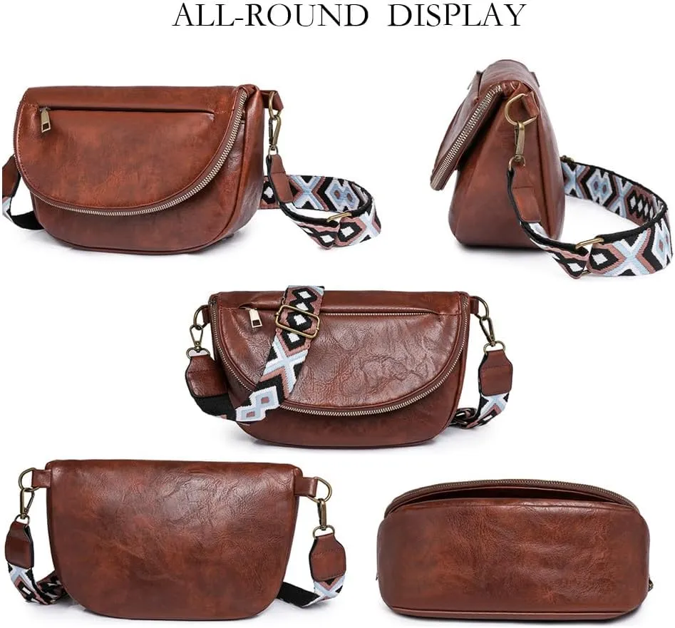 Leather Fanny Pack Crossbody Sling Bags for Women Vintage Shoulder Chest Bag with Guitar Strap Designer Waist Belt Bag (Black)