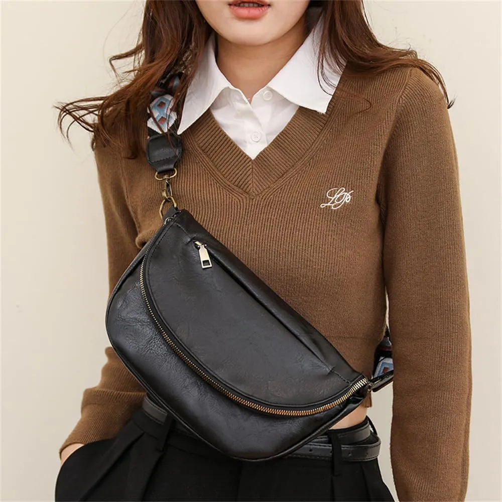 Leather Fanny Pack Crossbody Sling Bags for Women Vintage Shoulder Chest Bag with Guitar Strap Designer Waist Belt Bag (Black)