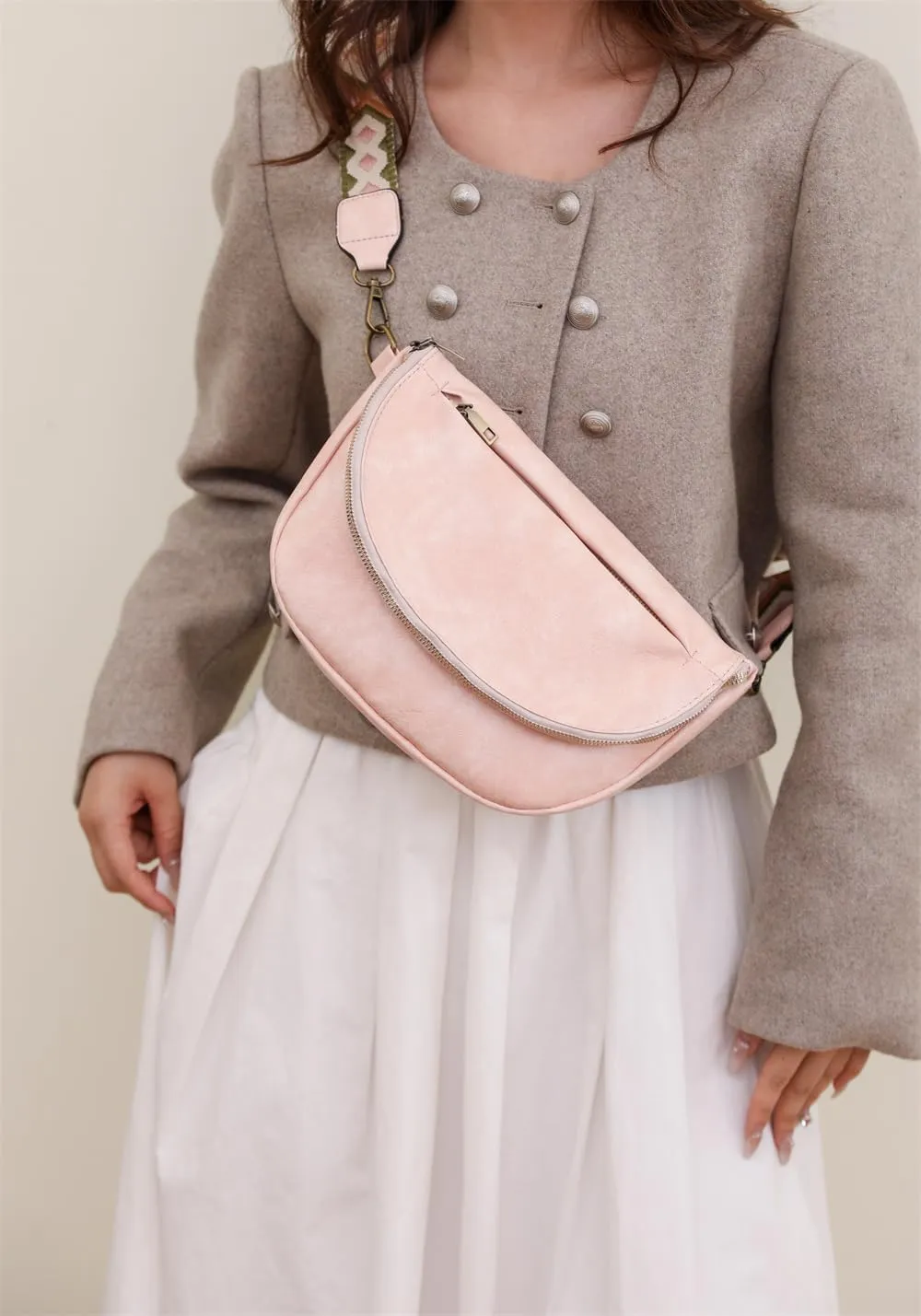 Leather Fanny Pack Crossbody Sling Bags for Women Vintage Shoulder Chest Bag with Guitar Strap Designer Waist Belt Bag (Pink)