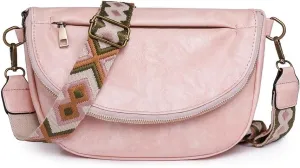 Leather Fanny Pack Crossbody Sling Bags for Women Vintage Shoulder Chest Bag with Guitar Strap Designer Waist Belt Bag (Pink)