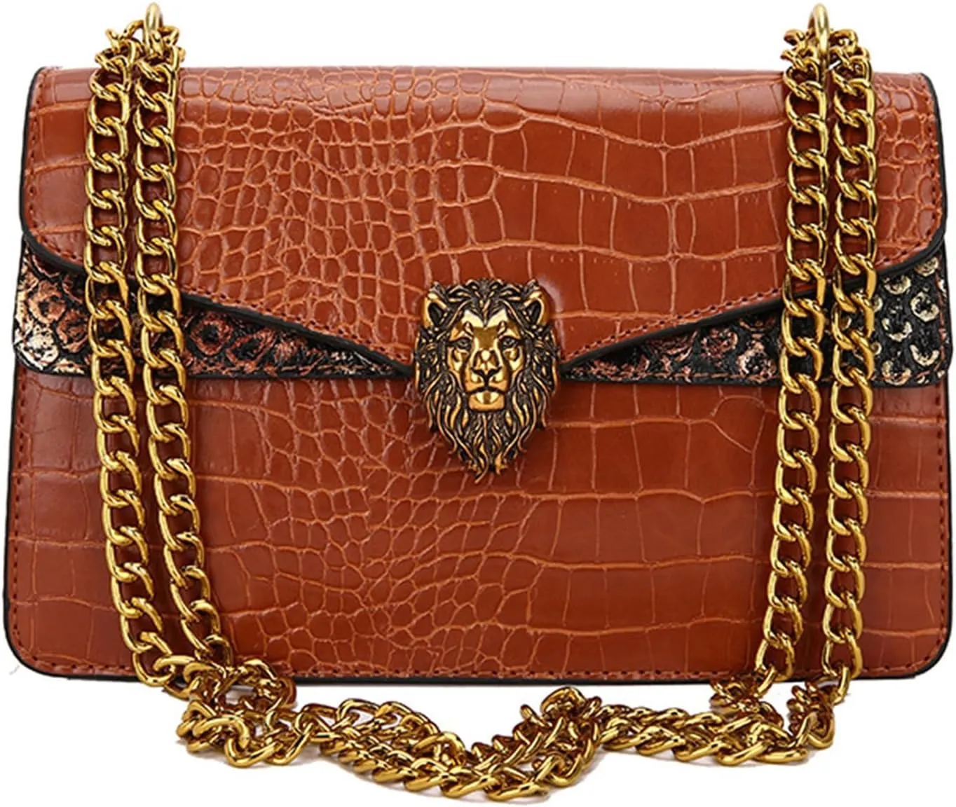 Leather Shoulder Bag Chain Purse for Women, Underarm Lion Head Badge Crossbody Handbag Ladies Fashion Square Clutch
