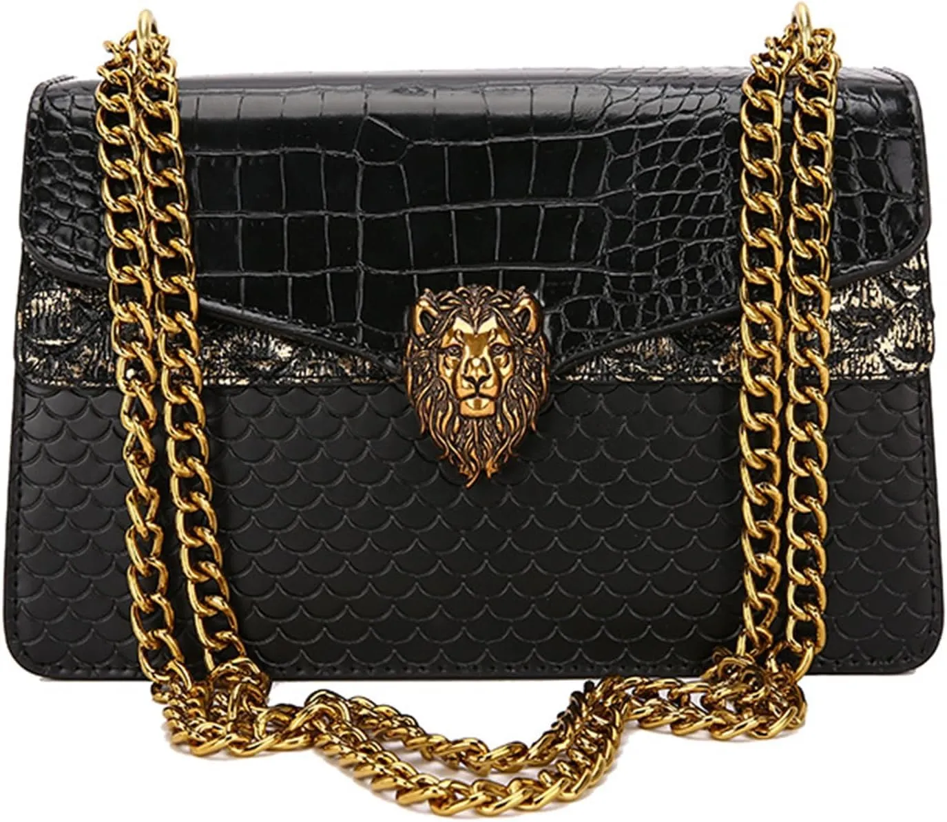Leather Shoulder Bag Chain Purse for Women, Underarm Lion Head Badge Crossbody Handbag Ladies Fashion Square Clutch
