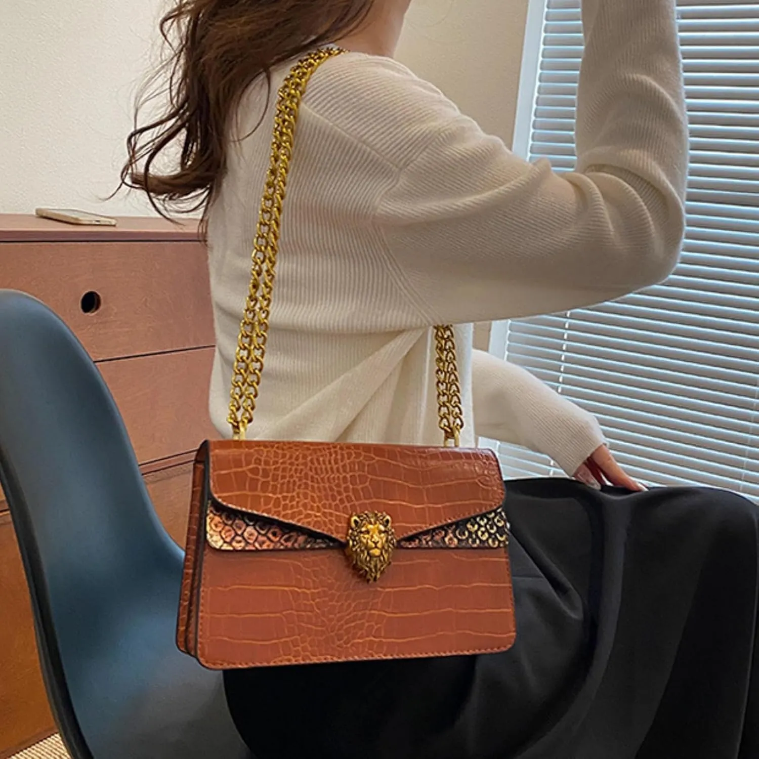 Leather Shoulder Bag Chain Purse for Women, Underarm Lion Head Badge Crossbody Handbag Ladies Fashion Square Clutch