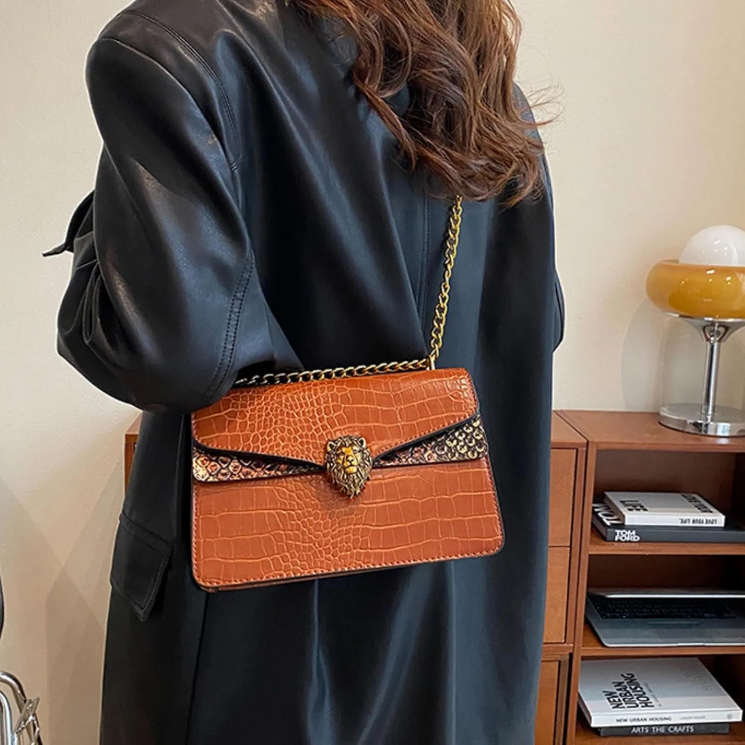 Leather Shoulder Bag Chain Purse for Women, Underarm Lion Head Badge Crossbody Handbag Ladies Fashion Square Clutch