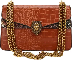 Leather Shoulder Bag Chain Purse for Women, Underarm Lion Head Badge Crossbody Handbag Ladies Fashion Square Clutch