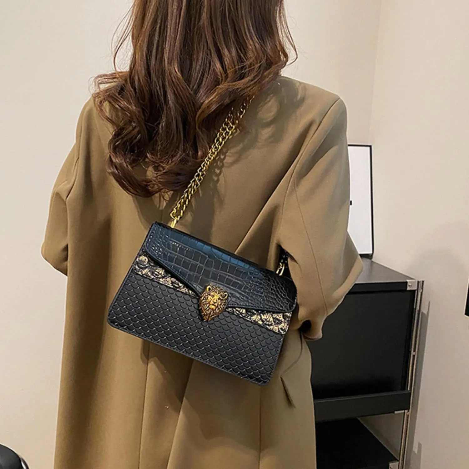Leather Shoulder Bag Chain Purse for Women, Underarm Lion Head Badge Crossbody Handbag Ladies Fashion Square Clutch