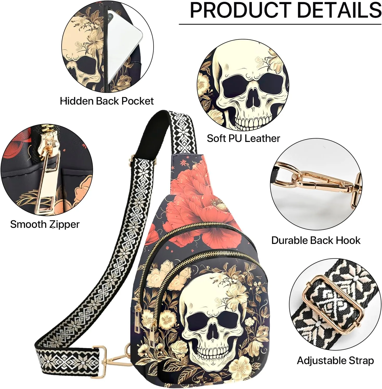 Leather Sling Bag Small Crossbody Backpack Travel Shoulder Pack Hiking Adjustable Chest Daypack for Women
