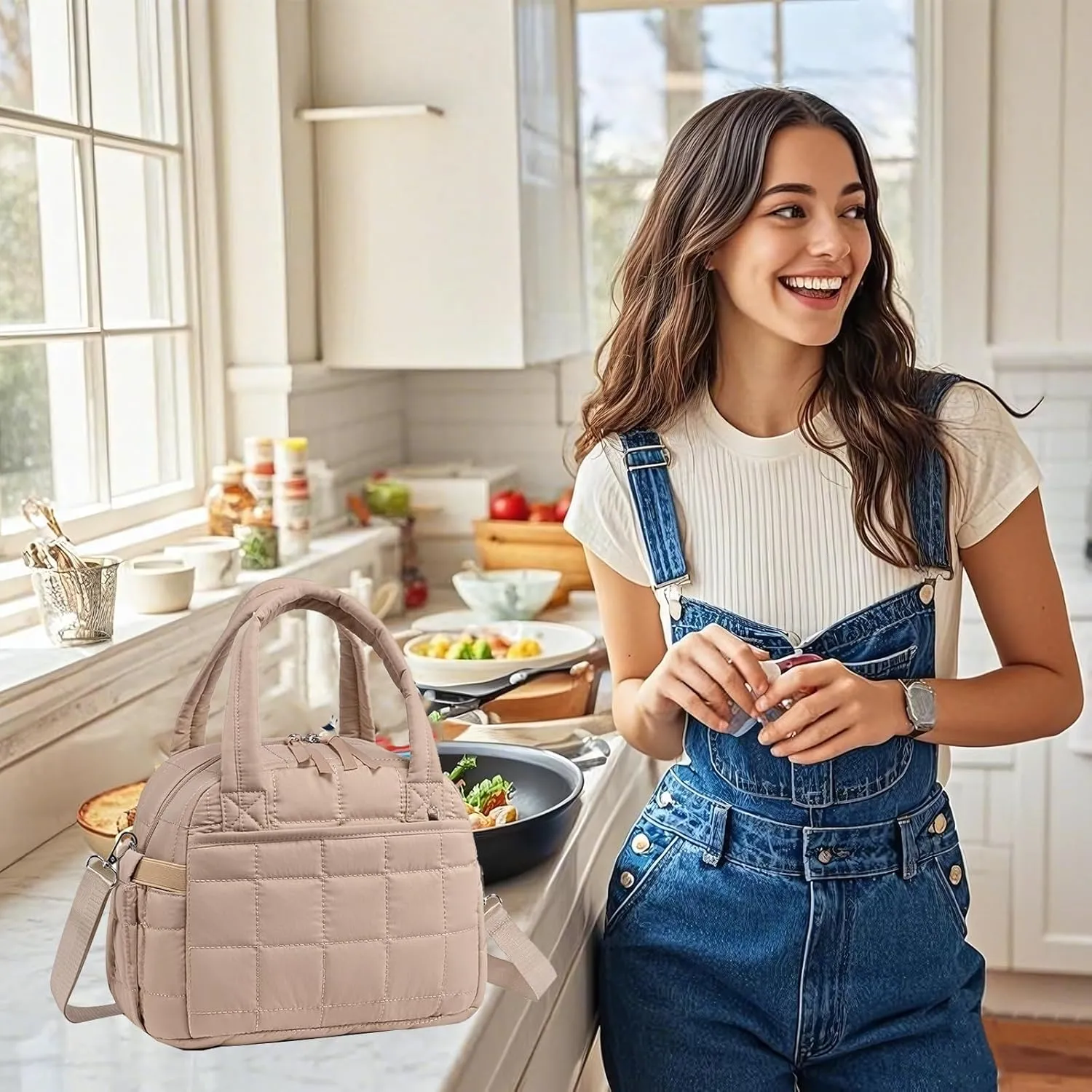 LEDAOU Lunch Box for Women Lunch bag Quilted Puffer Lunch Box with Adjustable Strap Insulated Reusable Lunch Tote for Work School Picnic Travel
