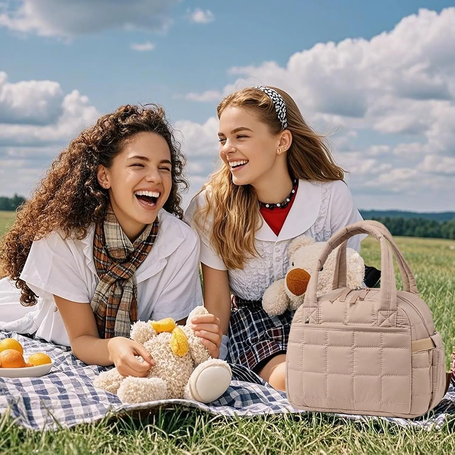 LEDAOU Lunch Box for Women Lunch bag Quilted Puffer Lunch Box with Adjustable Strap Insulated Reusable Lunch Tote for Work School Picnic Travel