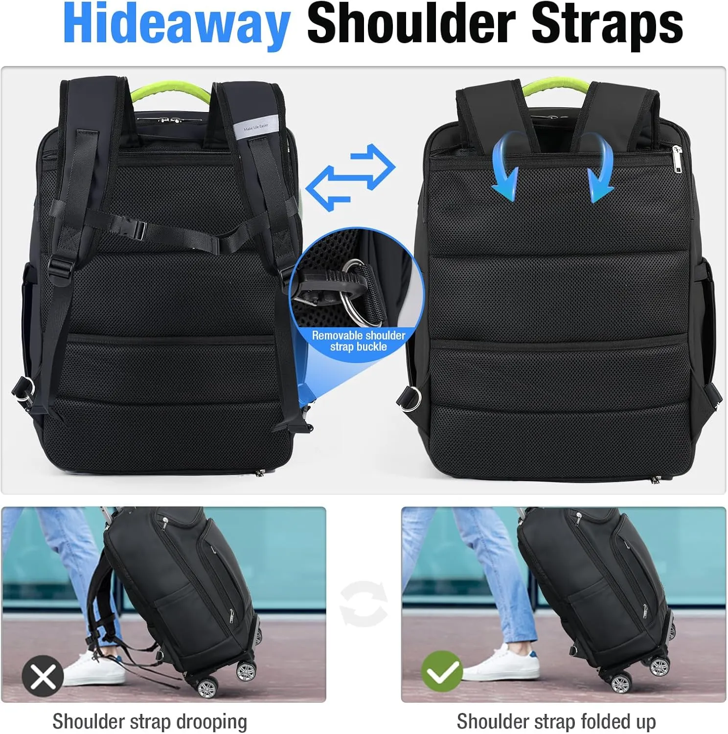 Lekebobor Travel Rolling Backpack, 18 inch Waterproof Bag with 360° Wheels for 15.6" Laptop, Convertible Airline Approved Travel Back Pack for Men & Women, Business, Commuter