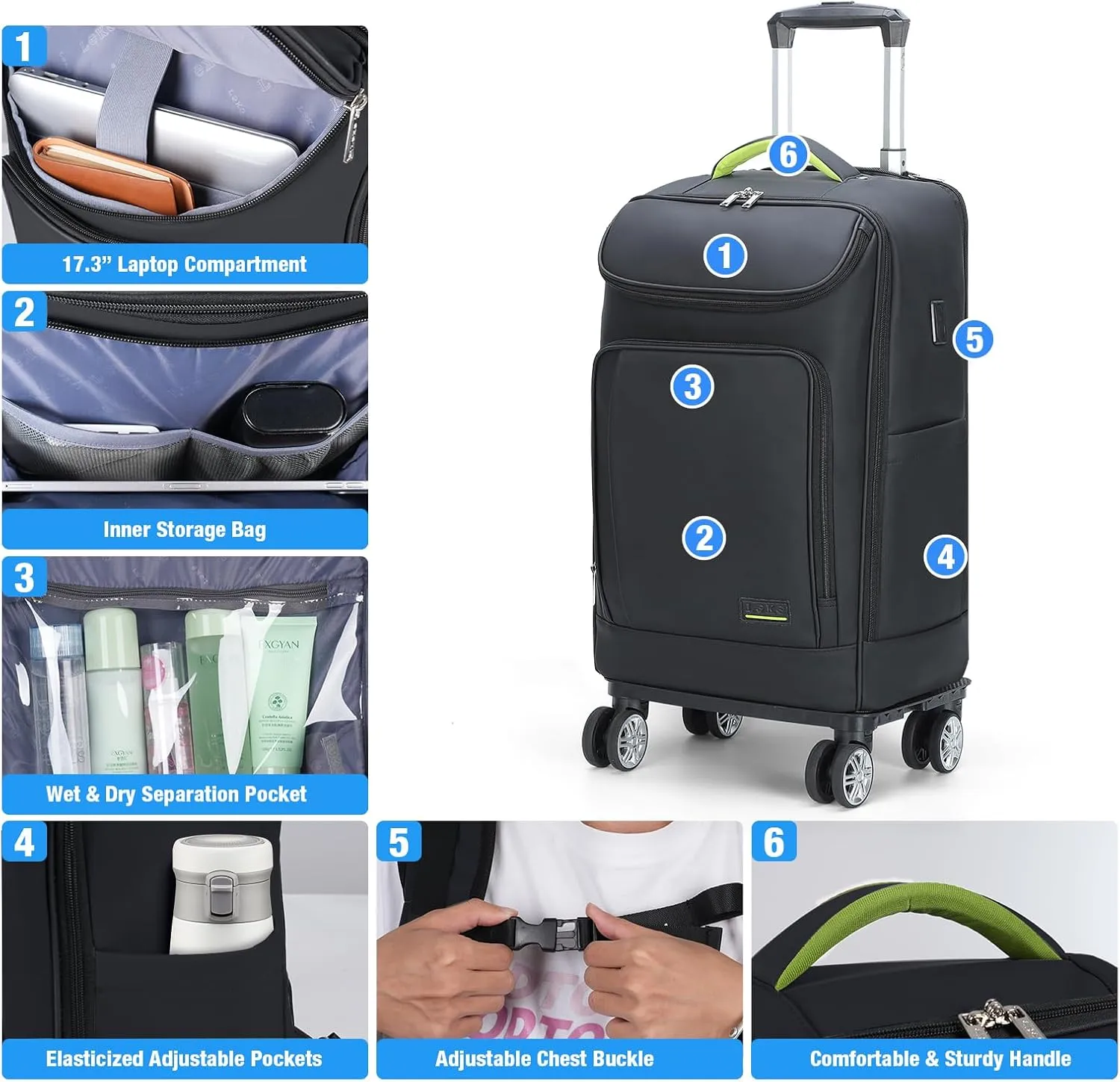 Lekebobor Travel Rolling Backpack, 18 inch Waterproof Bag with 360° Wheels for 15.6" Laptop, Convertible Airline Approved Travel Back Pack for Men & Women, Business, Commuter