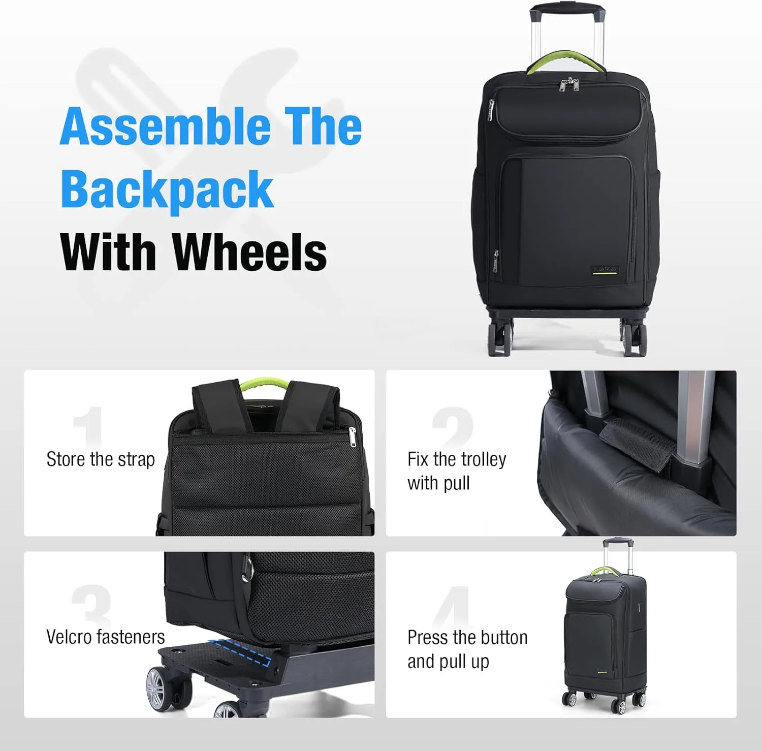 Lekebobor Travel Rolling Backpack, 18 inch Waterproof Bag with 360° Wheels for 15.6" Laptop, Convertible Airline Approved Travel Back Pack for Men & Women, Business, Commuter