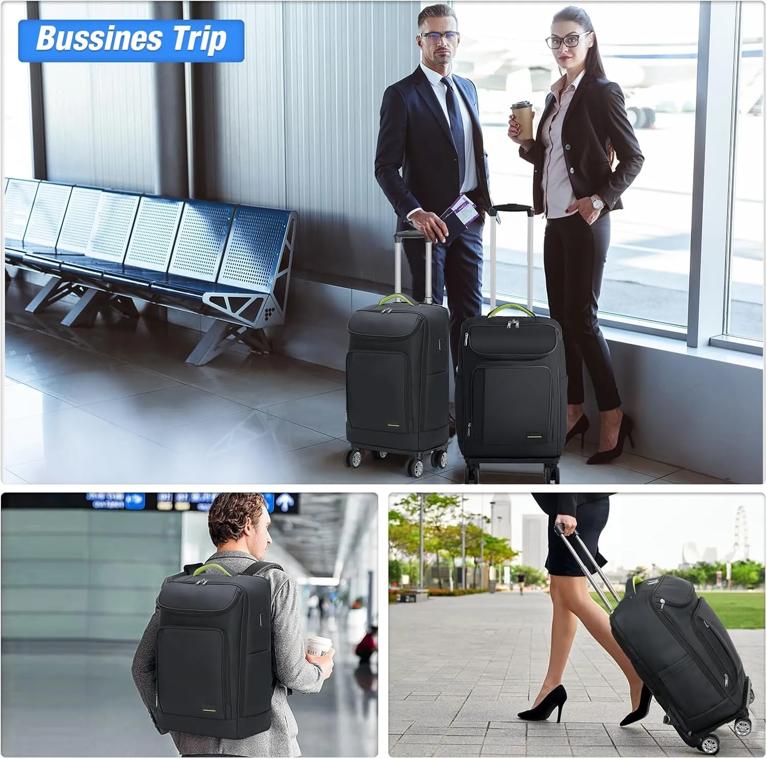 Lekebobor Travel Rolling Backpack, 18 inch Waterproof Bag with 360° Wheels for 15.6" Laptop, Convertible Airline Approved Travel Back Pack for Men & Women, Business, Commuter