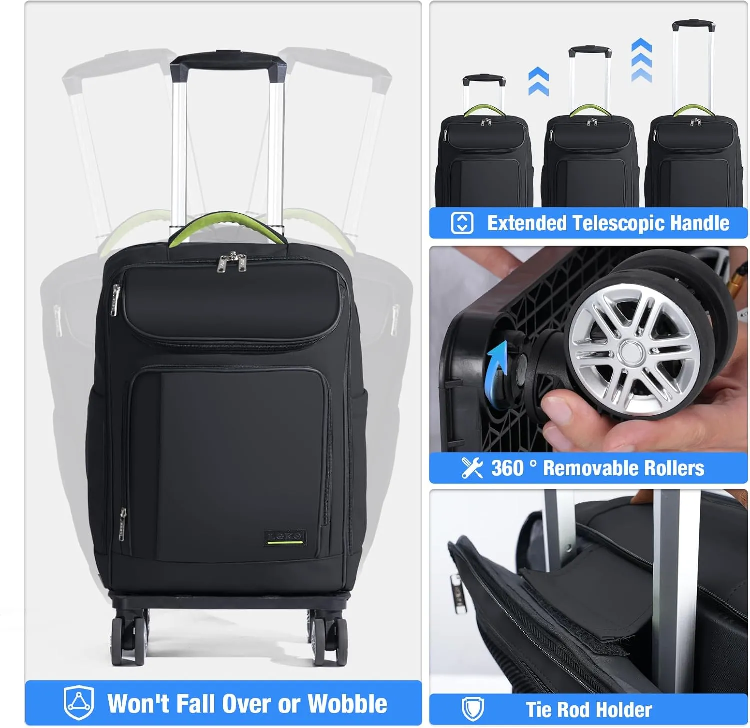 Lekebobor Travel Rolling Backpack, 18 inch Waterproof Bag with 360° Wheels for 15.6" Laptop, Convertible Airline Approved Travel Back Pack for Men & Women, Business, Commuter