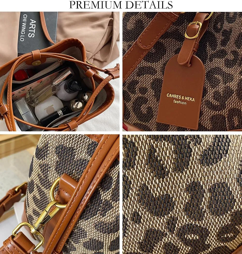 Leopard Print Drawstring Bucket Bag Cheetah Pu Leather Crossbody Drawstring Bucket Handbag Hobo Bag